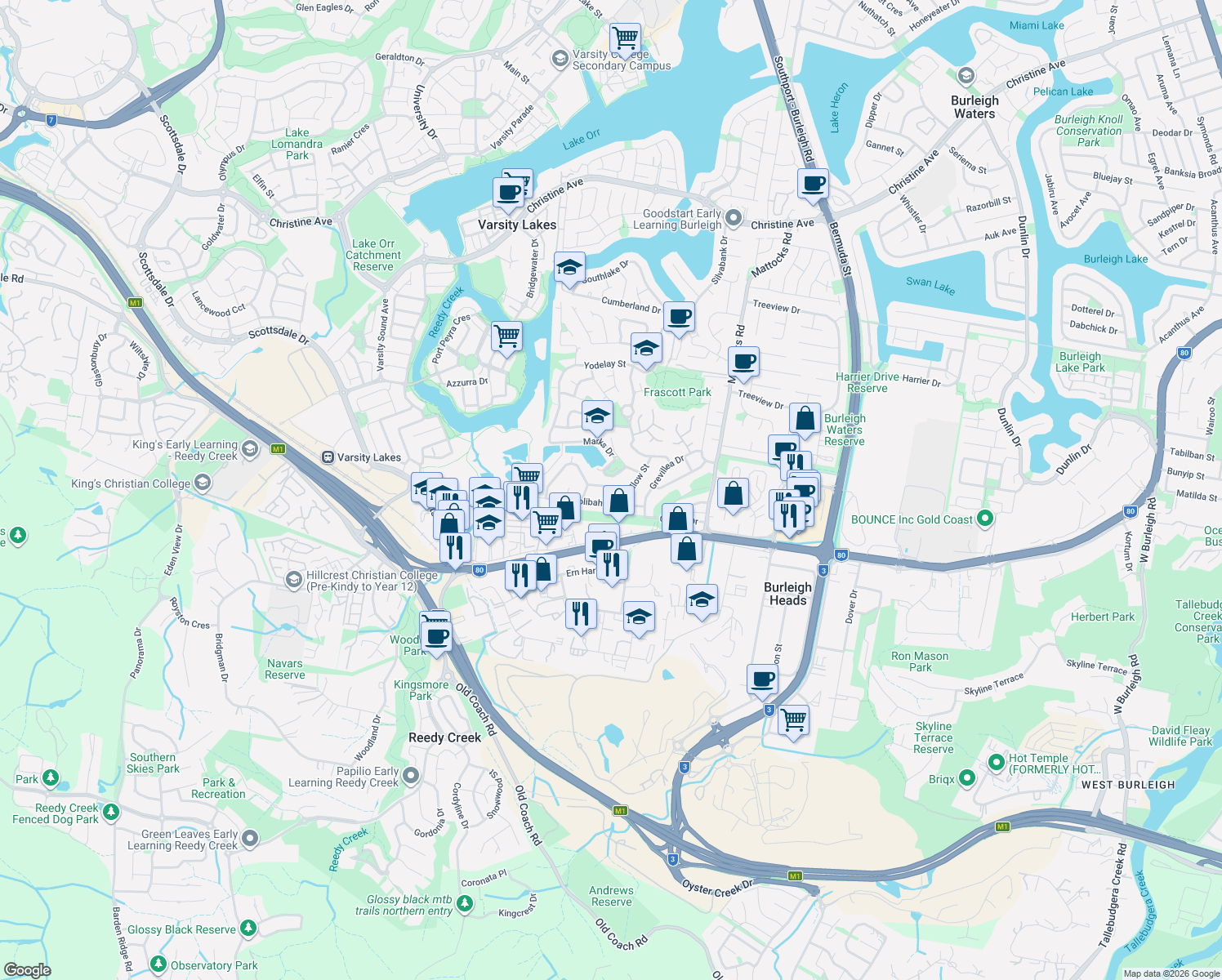 map of restaurants, bars, coffee shops, grocery stores, and more near 6 Brier Crescent in Varsity Lakes