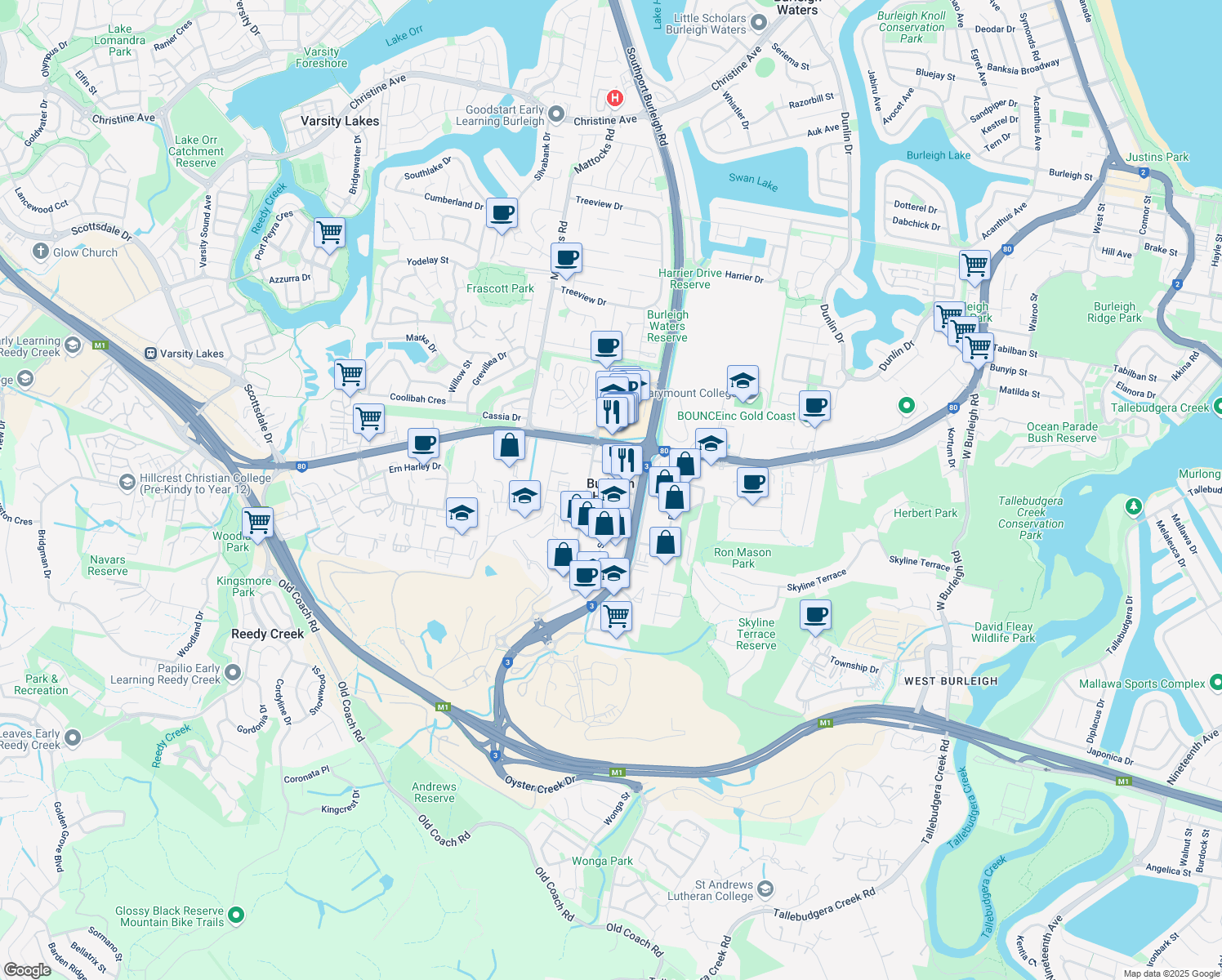 map of restaurants, bars, coffee shops, grocery stores, and more near in Burleigh Heads