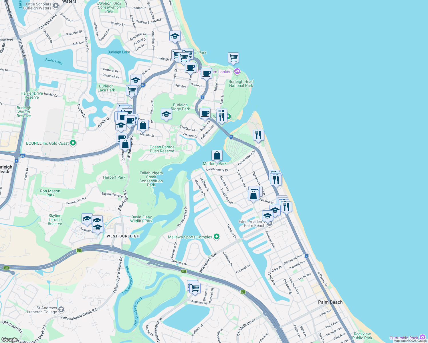 map of restaurants, bars, coffee shops, grocery stores, and more near 5 Parnki Parade in Palm Beach