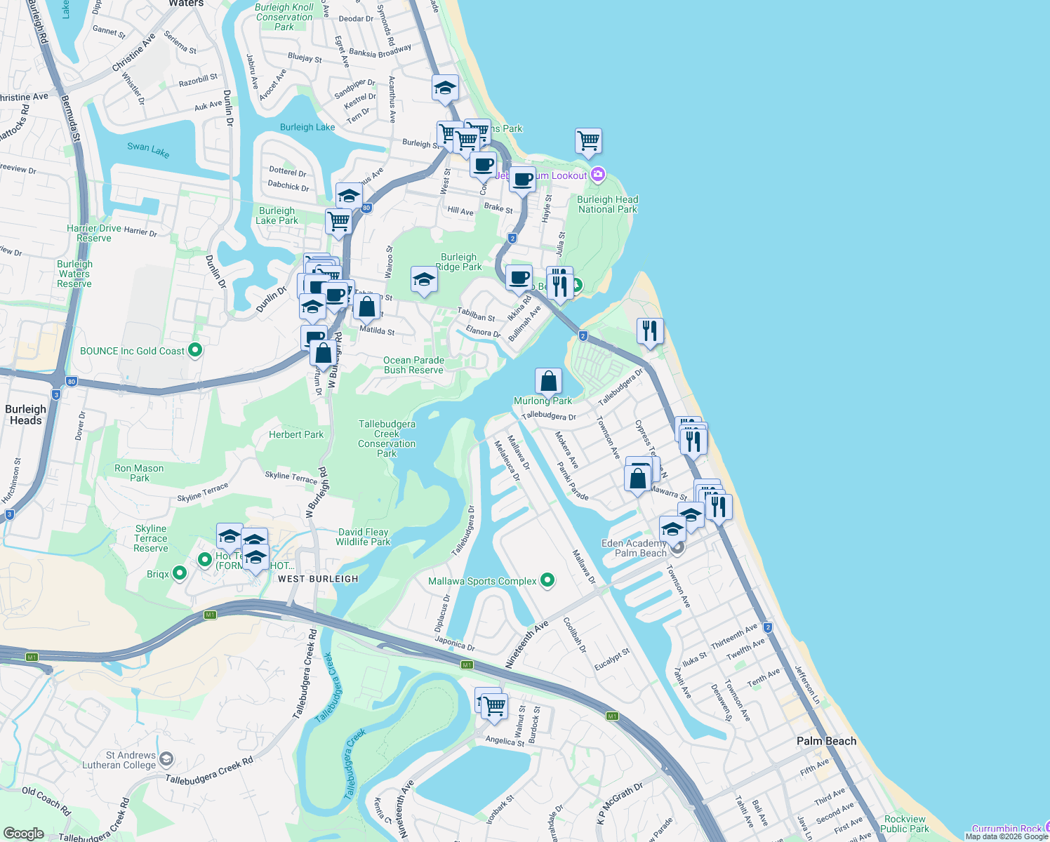 map of restaurants, bars, coffee shops, grocery stores, and more near 86 Tallebudgera Drive in Palm Beach
