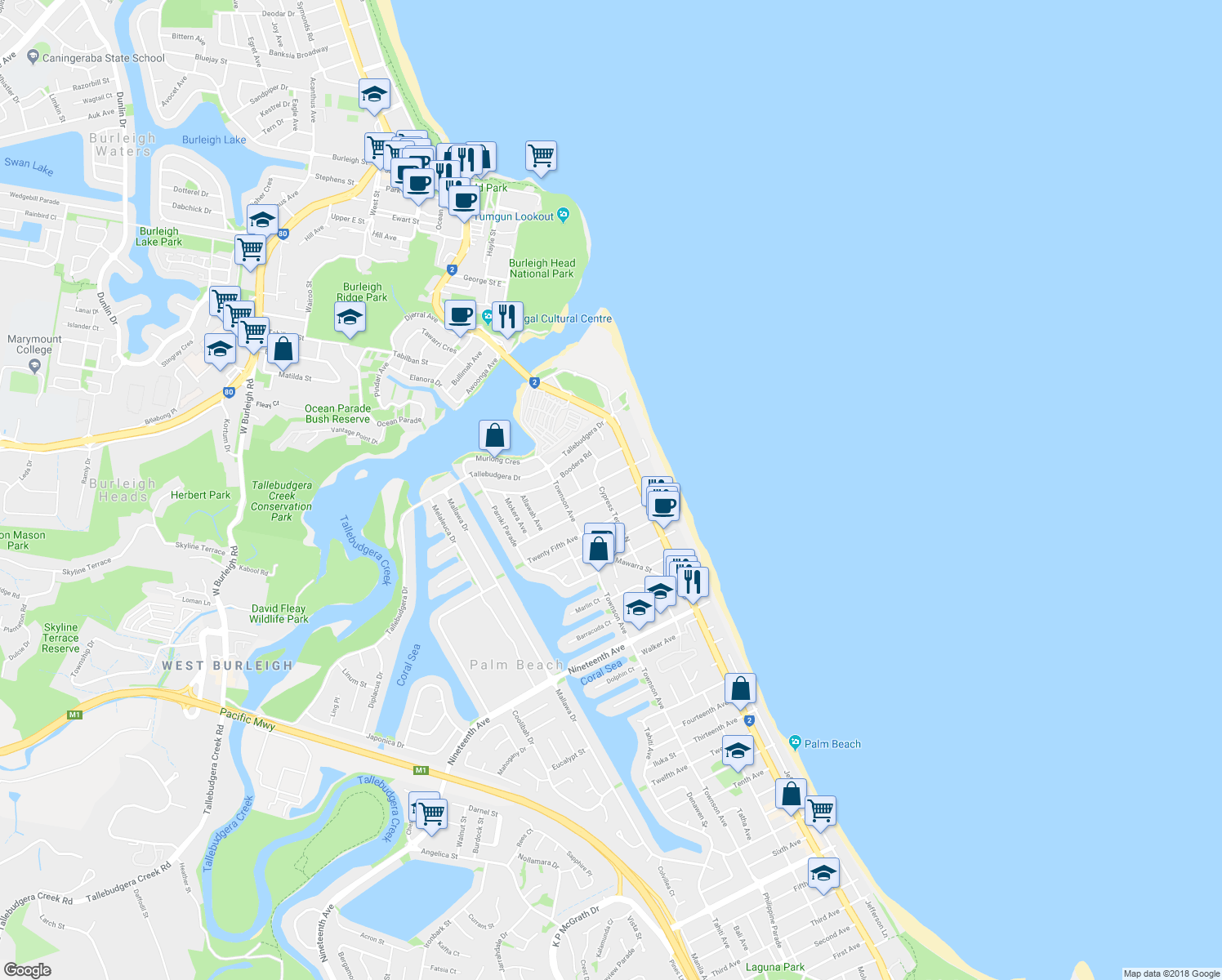 map of restaurants, bars, coffee shops, grocery stores, and more near 19 Twentysixth Avenue in Palm Beach