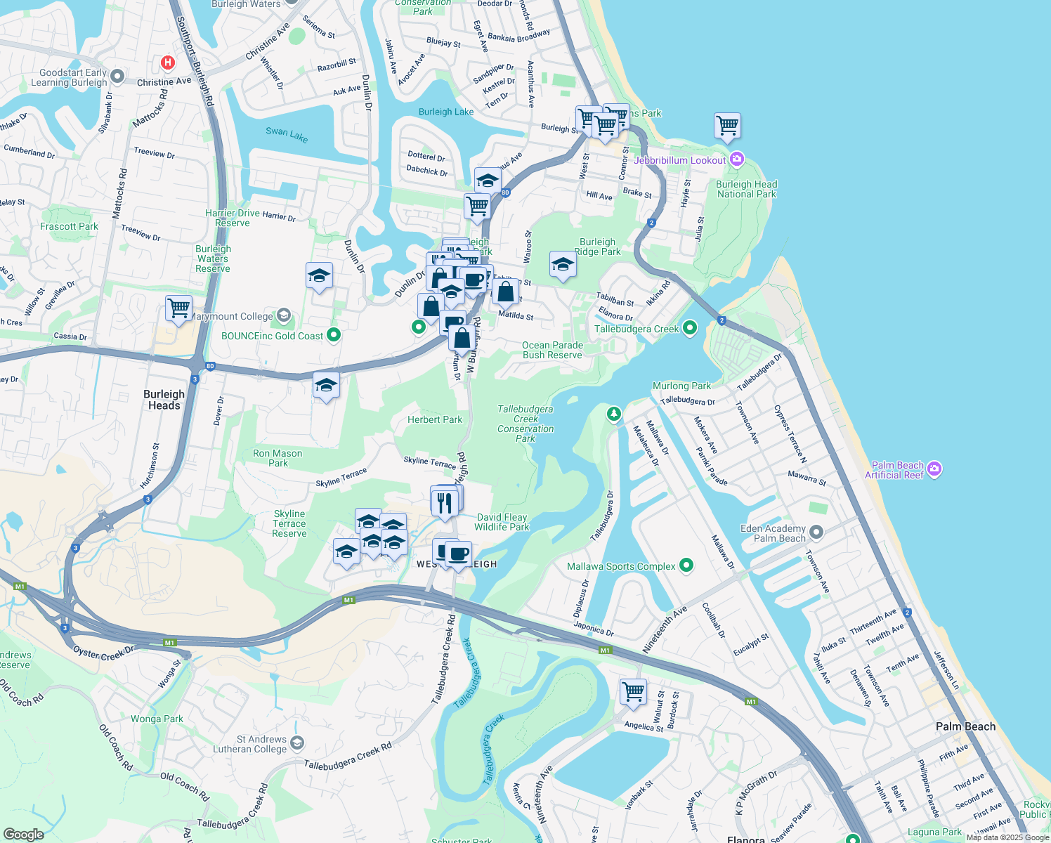 map of restaurants, bars, coffee shops, grocery stores, and more near 222 West Burleigh Road in Burleigh Heads