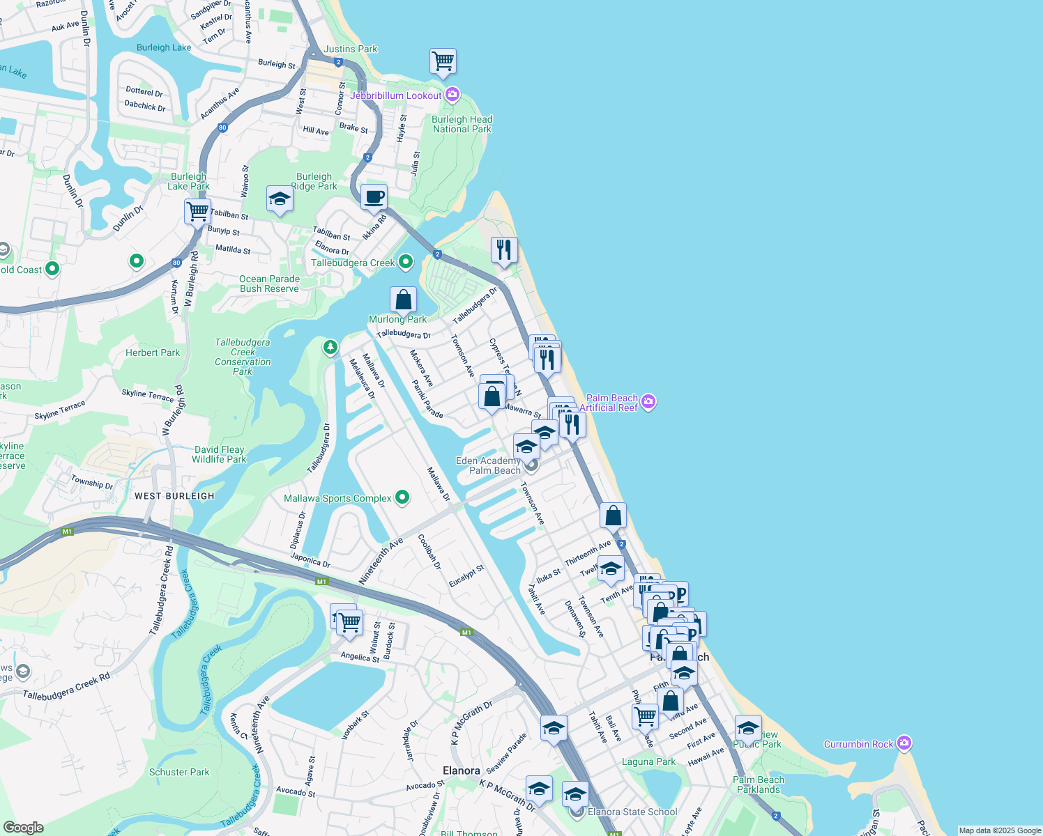 map of restaurants, bars, coffee shops, grocery stores, and more near 16 Mawarra Street in Palm Beach
