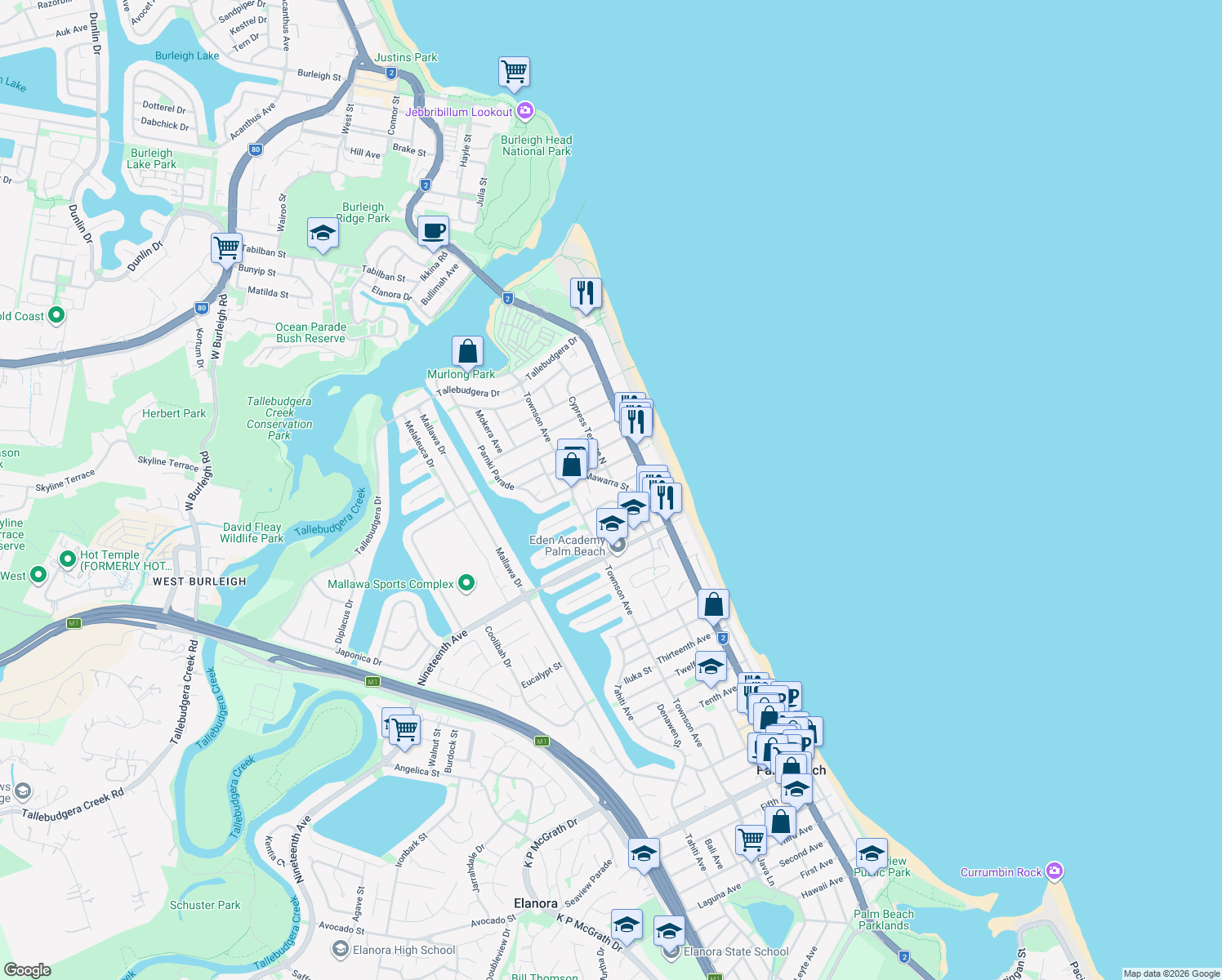 map of restaurants, bars, coffee shops, grocery stores, and more near 14 Mawarra Street in Palm Beach