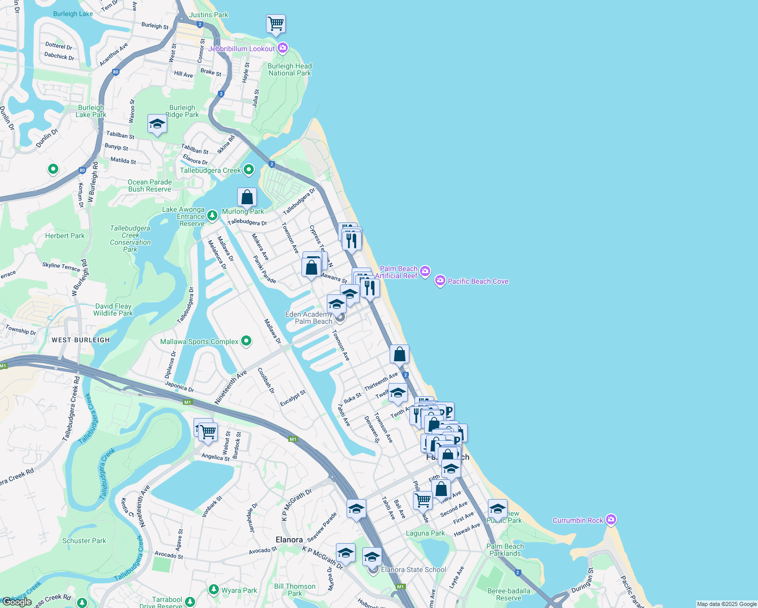 map of restaurants, bars, coffee shops, grocery stores, and more near 2 Nineteenth Avenue in Palm Beach