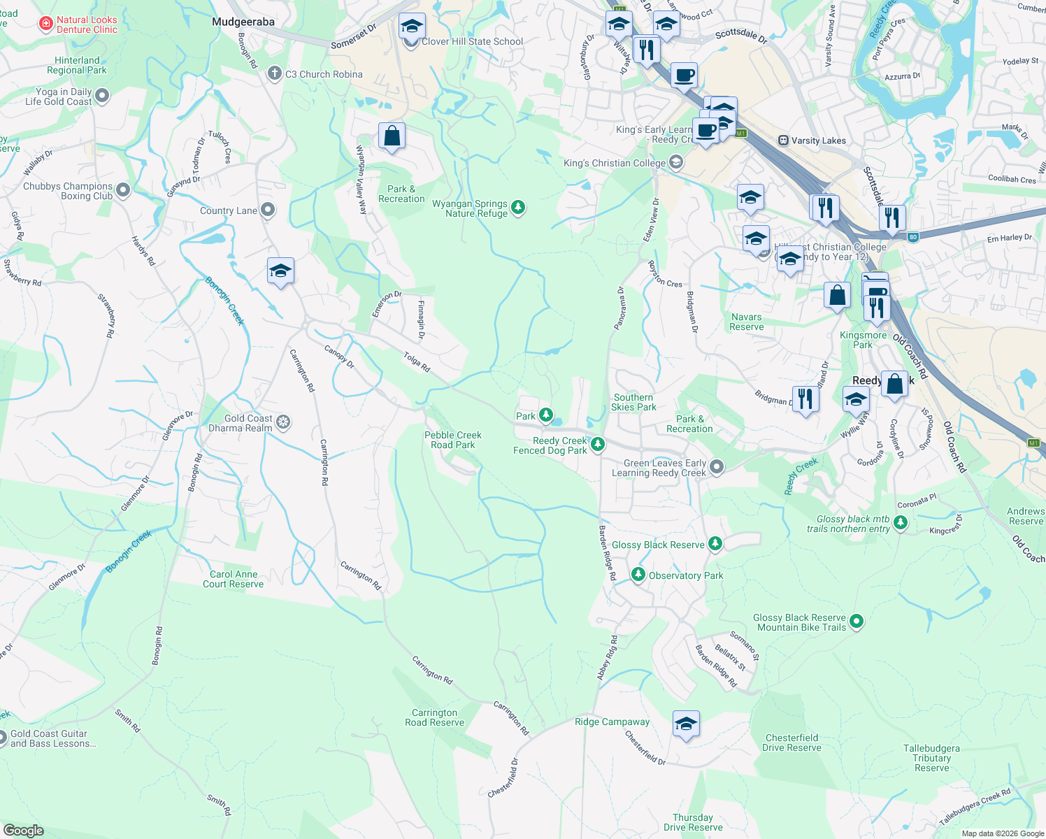 map of restaurants, bars, coffee shops, grocery stores, and more near 97 Observatory Drive in Reedy Creek