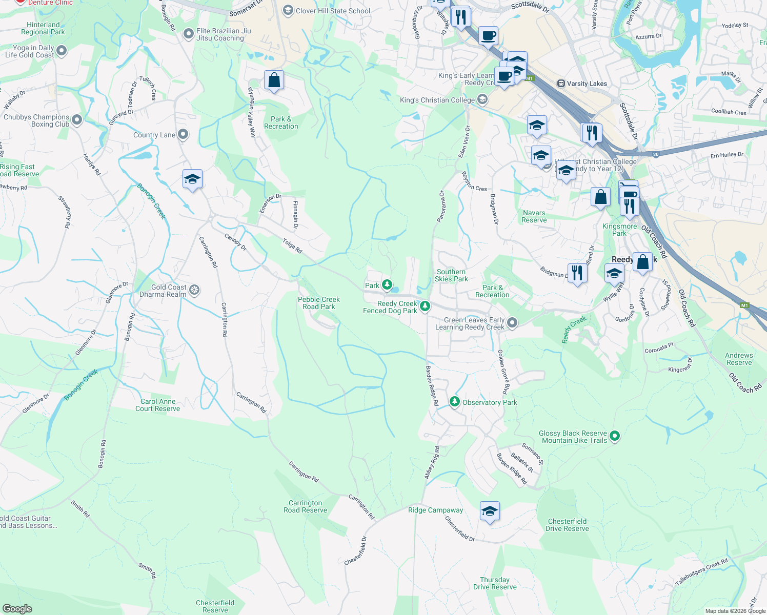 map of restaurants, bars, coffee shops, grocery stores, and more near 9 Worchester Terrace in Reedy Creek