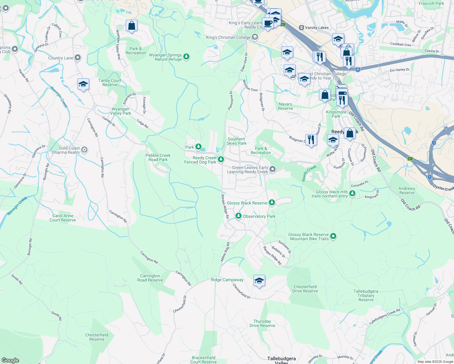 map of restaurants, bars, coffee shops, grocery stores, and more near 14 Koolang Crescent in Reedy Creek