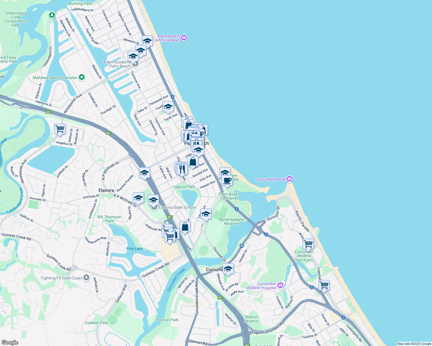 map of restaurants, bars, coffee shops, grocery stores, and more near 983 Gold Coast Highway in Palm Beach
