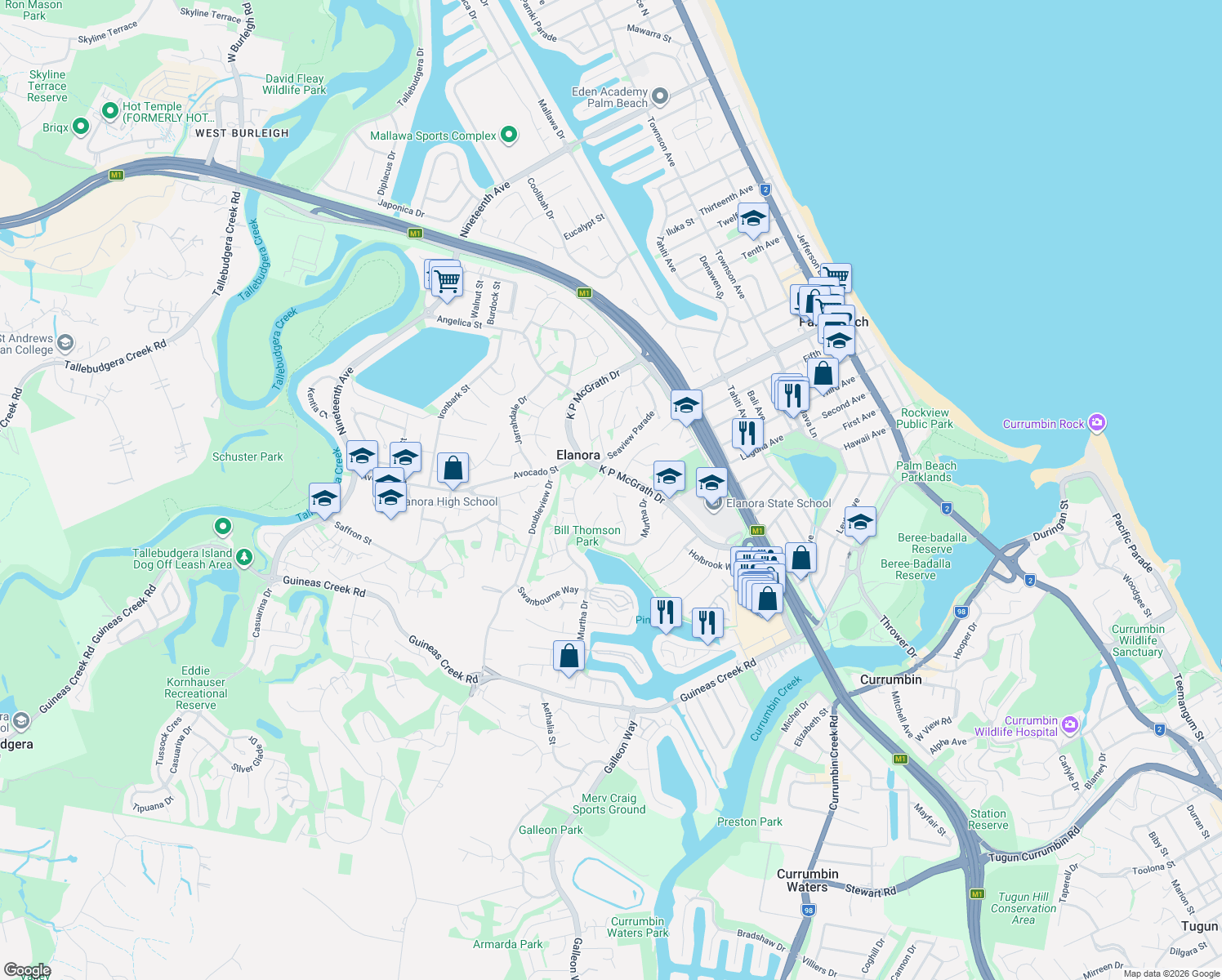 map of restaurants, bars, coffee shops, grocery stores, and more near 22 Ballidu Close in Elanora