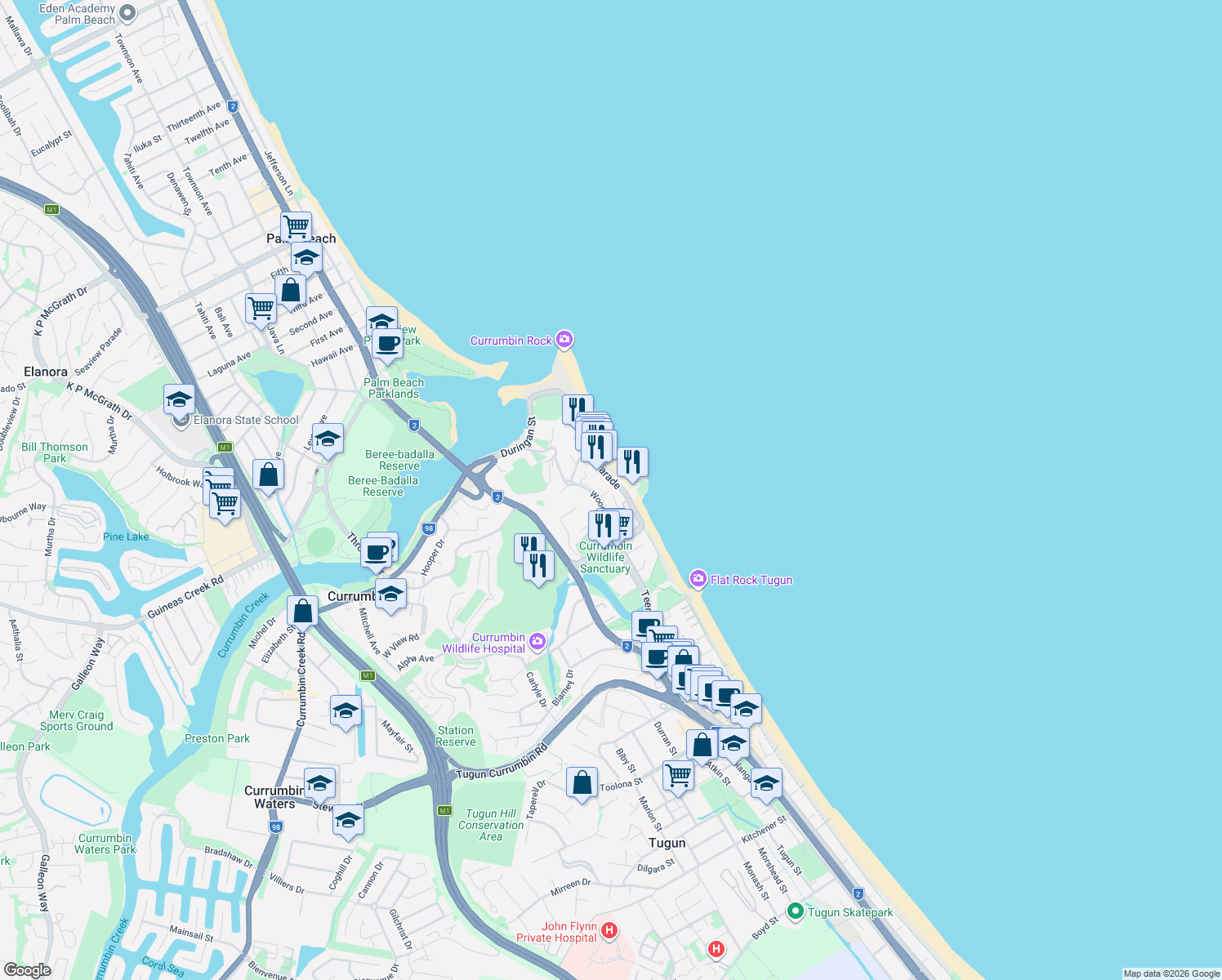 map of restaurants, bars, coffee shops, grocery stores, and more near 754 Pacific Parade in Currumbin
