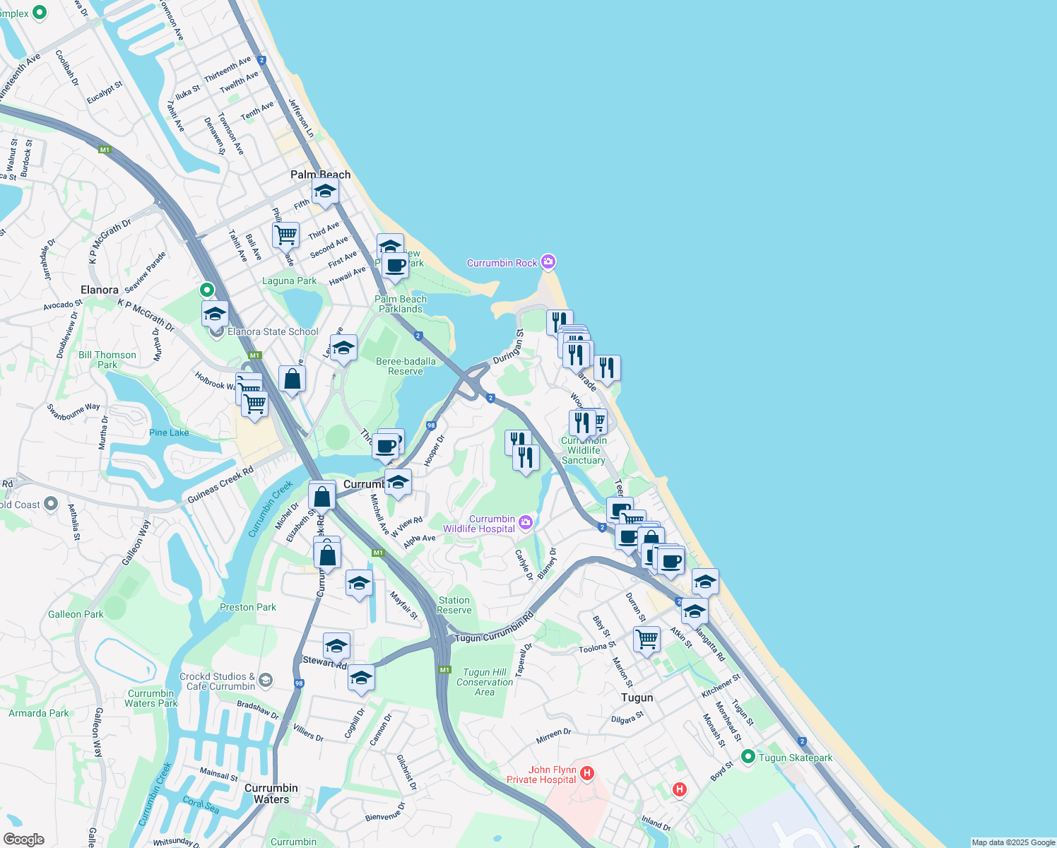 map of restaurants, bars, coffee shops, grocery stores, and more near Gold Coast Hwy in Currumbin