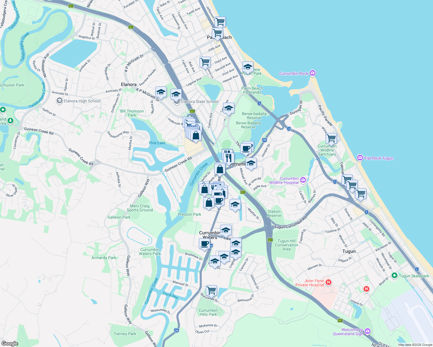 map of restaurants, bars, coffee shops, grocery stores, and more near 7 Michel Drive in Currumbin Waters