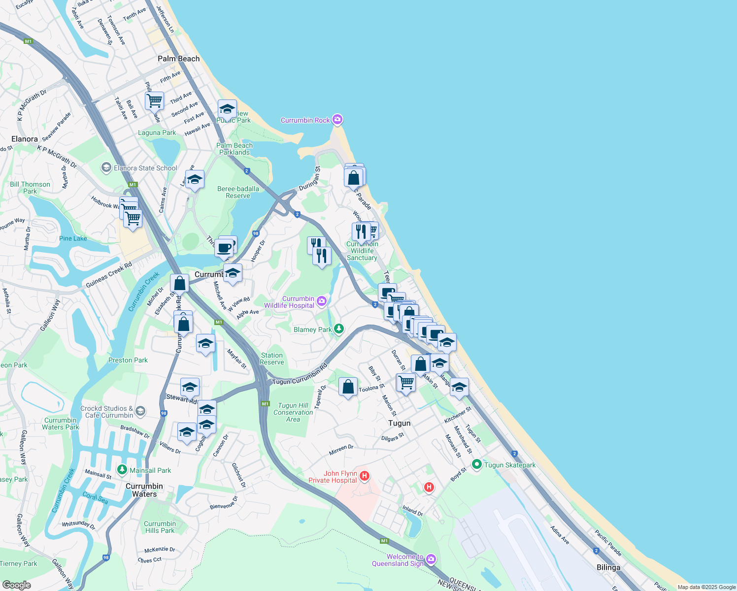 map of restaurants, bars, coffee shops, grocery stores, and more near 523 Gold Coast Highway in Tugun
