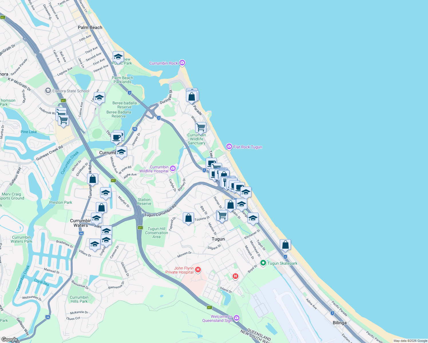 map of restaurants, bars, coffee shops, grocery stores, and more near 6 Teemangum Street in Tugun