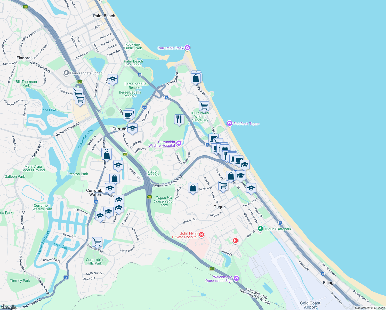 map of restaurants, bars, coffee shops, grocery stores, and more near 39 Hillcrest Avenue in Tugun