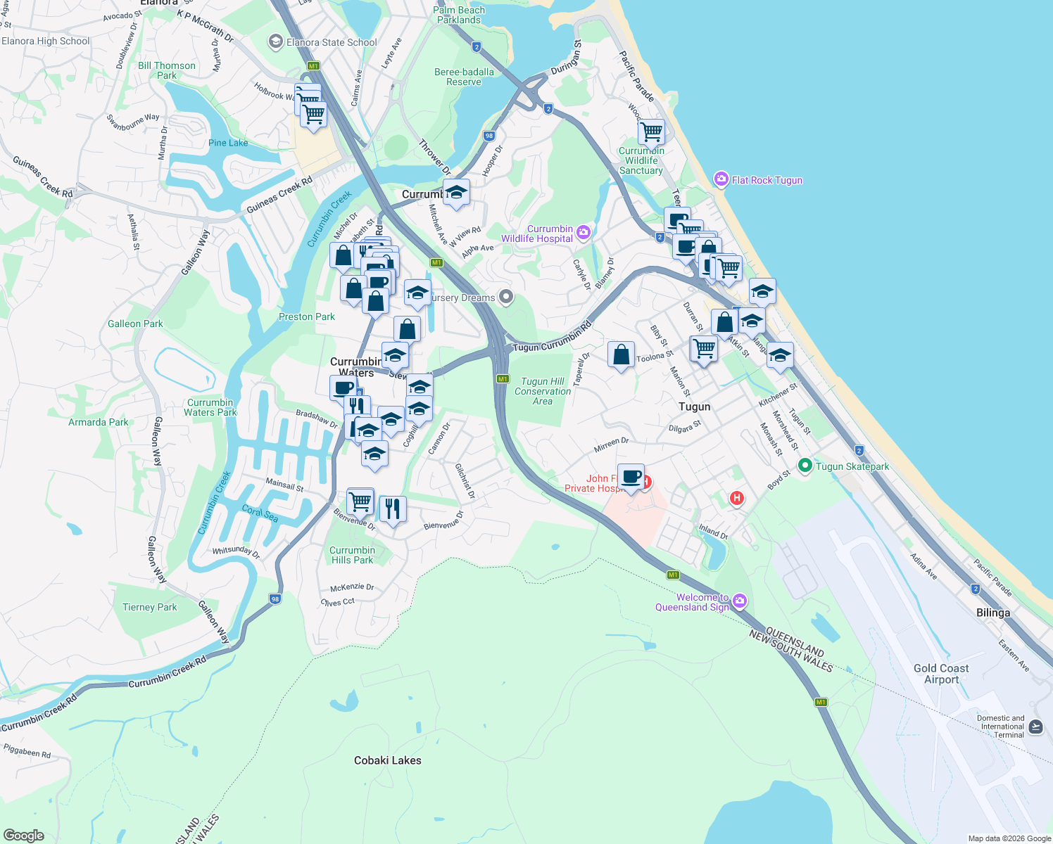 map of restaurants, bars, coffee shops, grocery stores, and more near 5 Clancy Court in Currumbin Waters