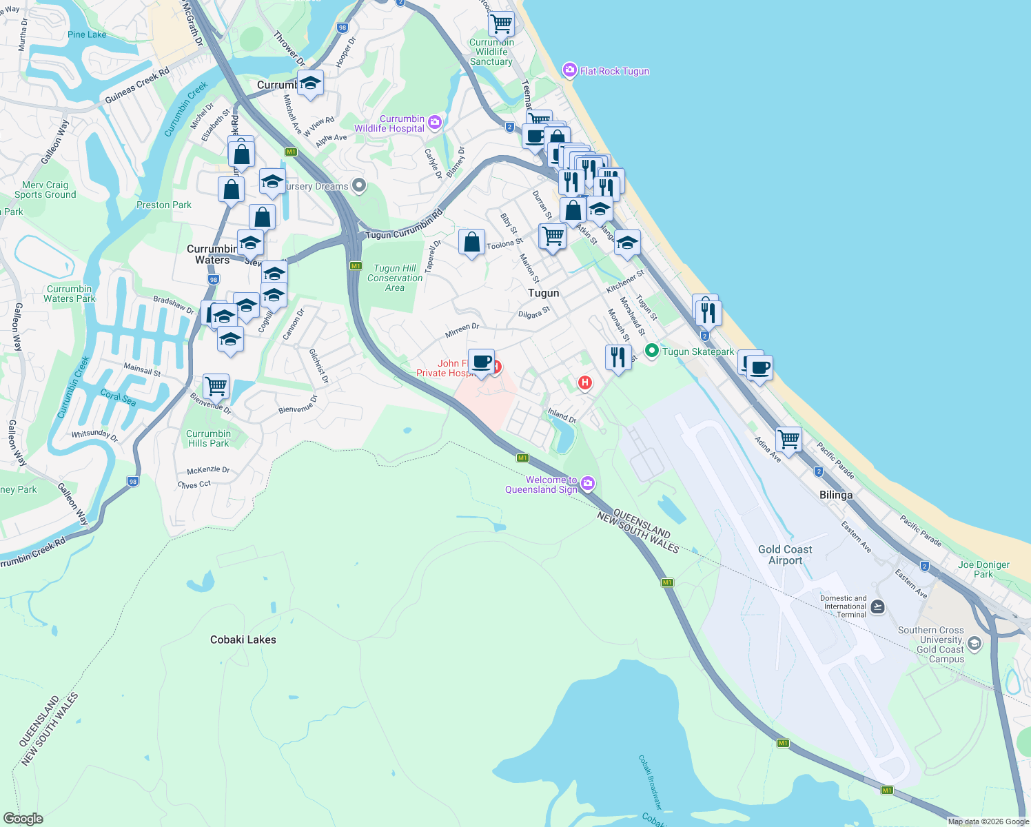 map of restaurants, bars, coffee shops, grocery stores, and more near 2 Inland Drive in Tugun