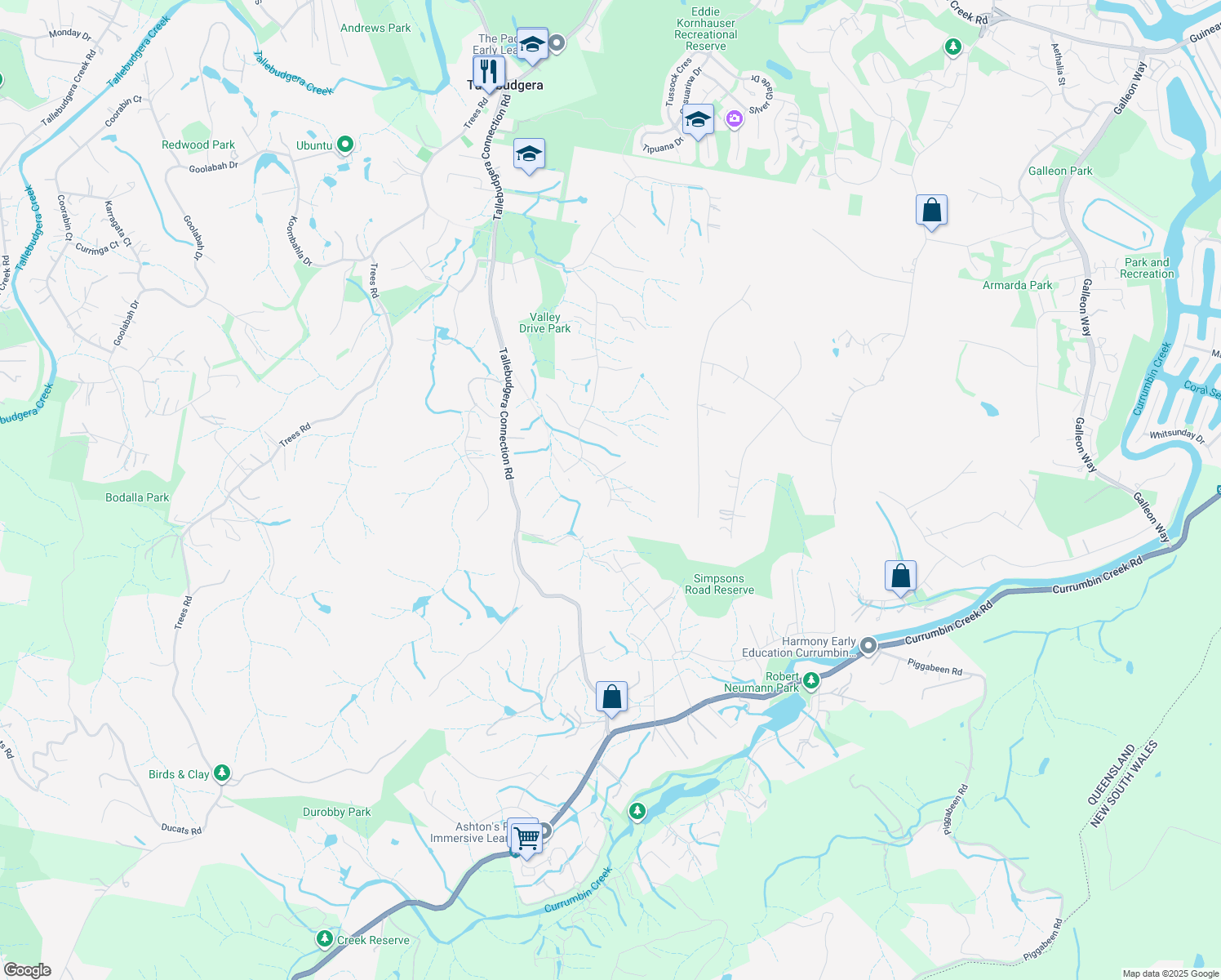 map of restaurants, bars, coffee shops, grocery stores, and more near 19 Jersey Court in Tallebudgera