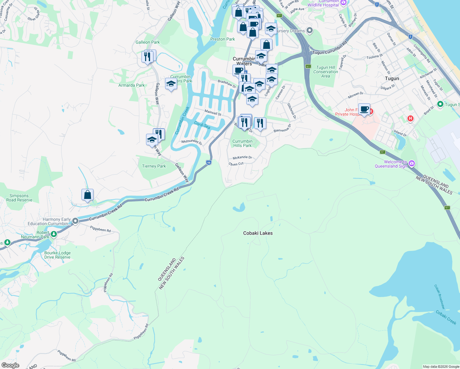 map of restaurants, bars, coffee shops, grocery stores, and more near 19 Sellin Place in Currumbin Waters