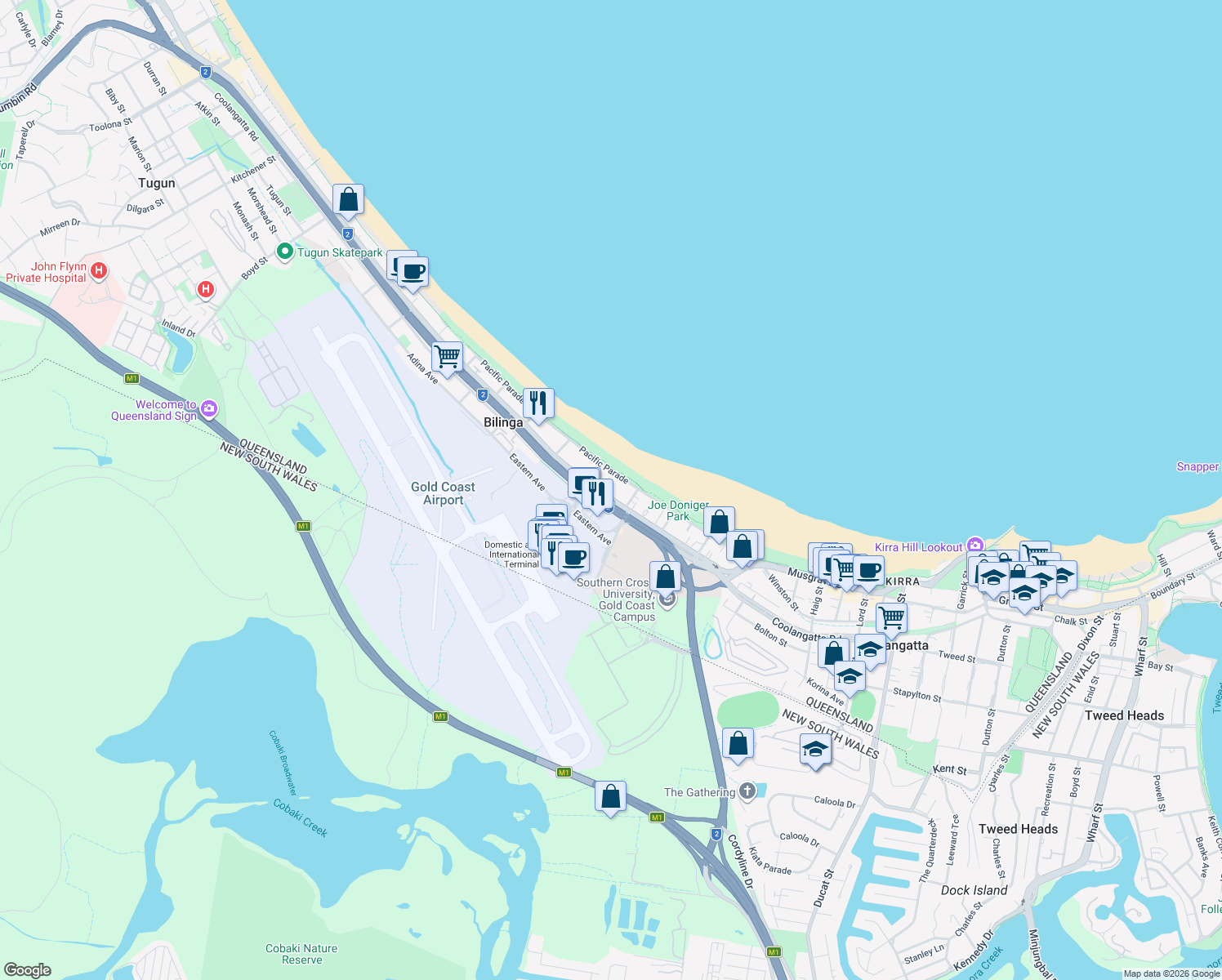 map of restaurants, bars, coffee shops, grocery stores, and more near 113 Golden Four Drive in Bilinga