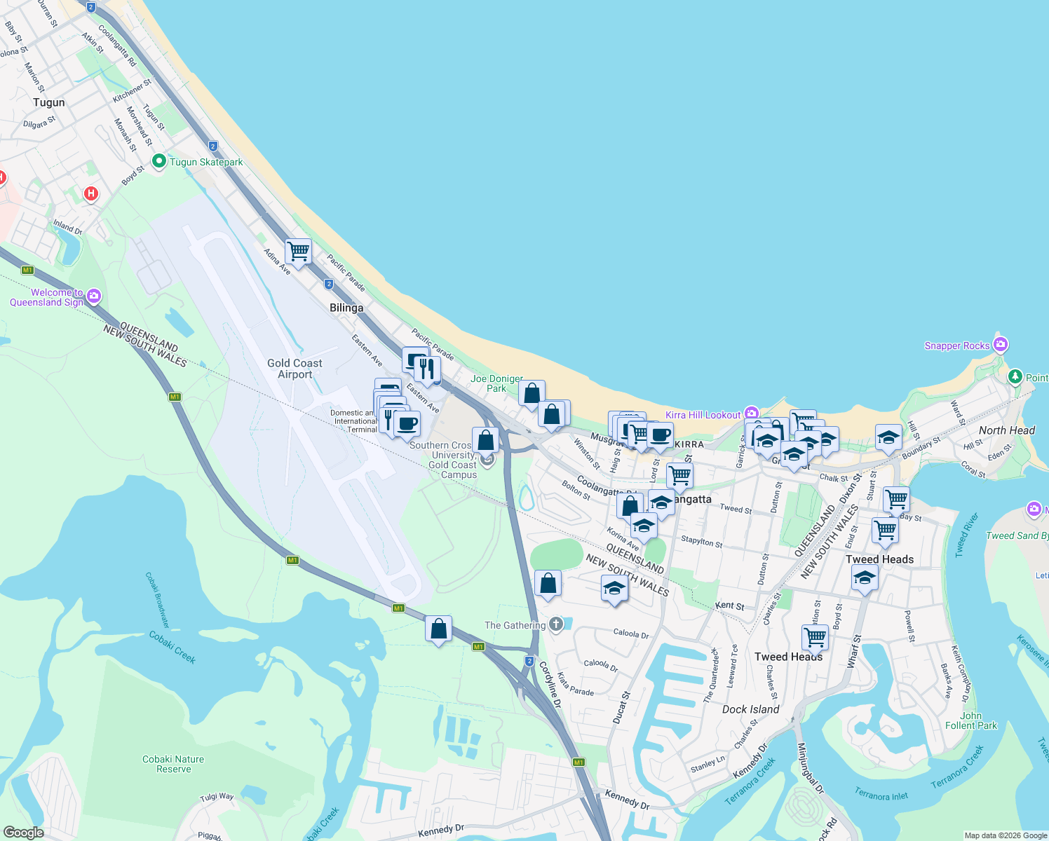 map of restaurants, bars, coffee shops, grocery stores, and more near 51 Golden Four Drive in Bilinga