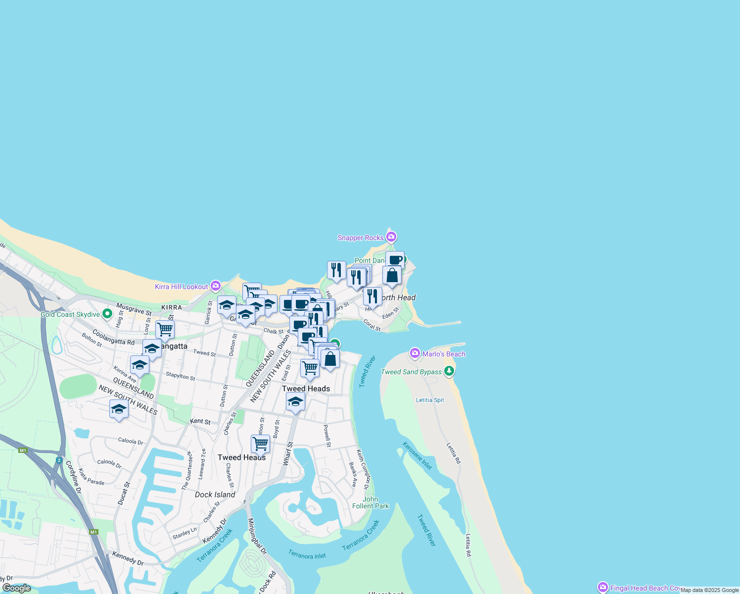 map of restaurants, bars, coffee shops, grocery stores, and more near 30 Boundary Street in Tweed Heads