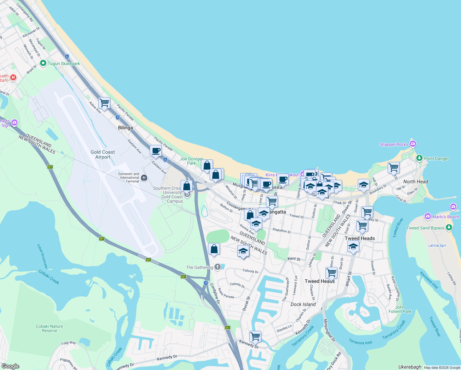 map of restaurants, bars, coffee shops, grocery stores, and more near 4 Musgrave Street in Coolangatta