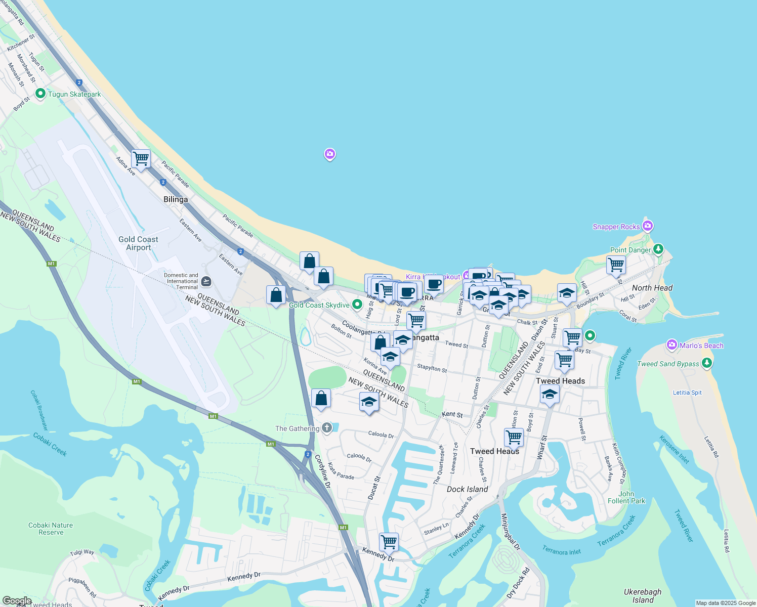 map of restaurants, bars, coffee shops, grocery stores, and more near 32-34 Musgrave Street in Coolangatta