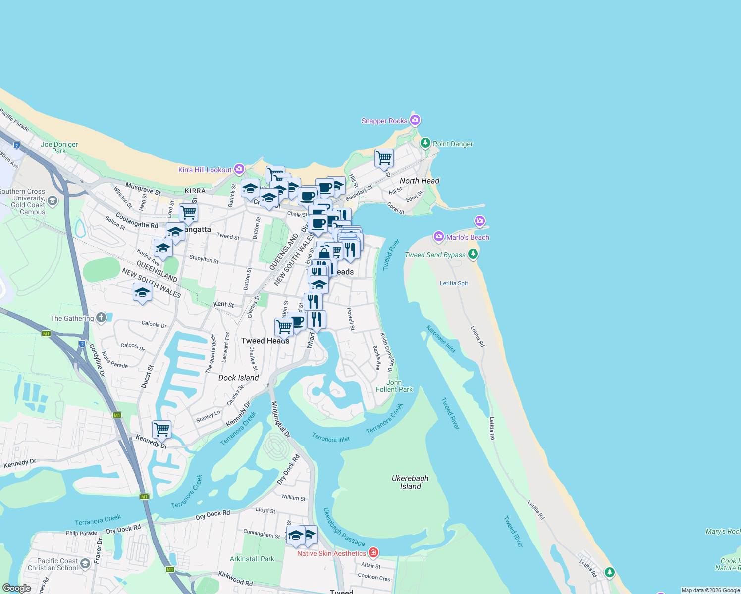 map of restaurants, bars, coffee shops, grocery stores, and more near 21 Ivory Crescent in Tweed Heads
