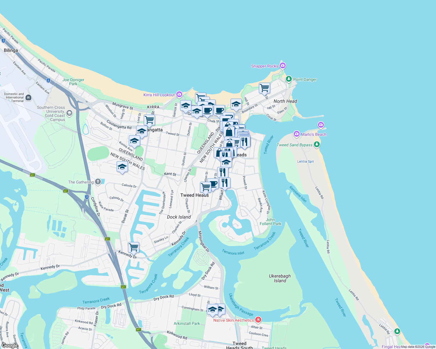 map of restaurants, bars, coffee shops, grocery stores, and more near 6 Boyd Street in Tweed Heads