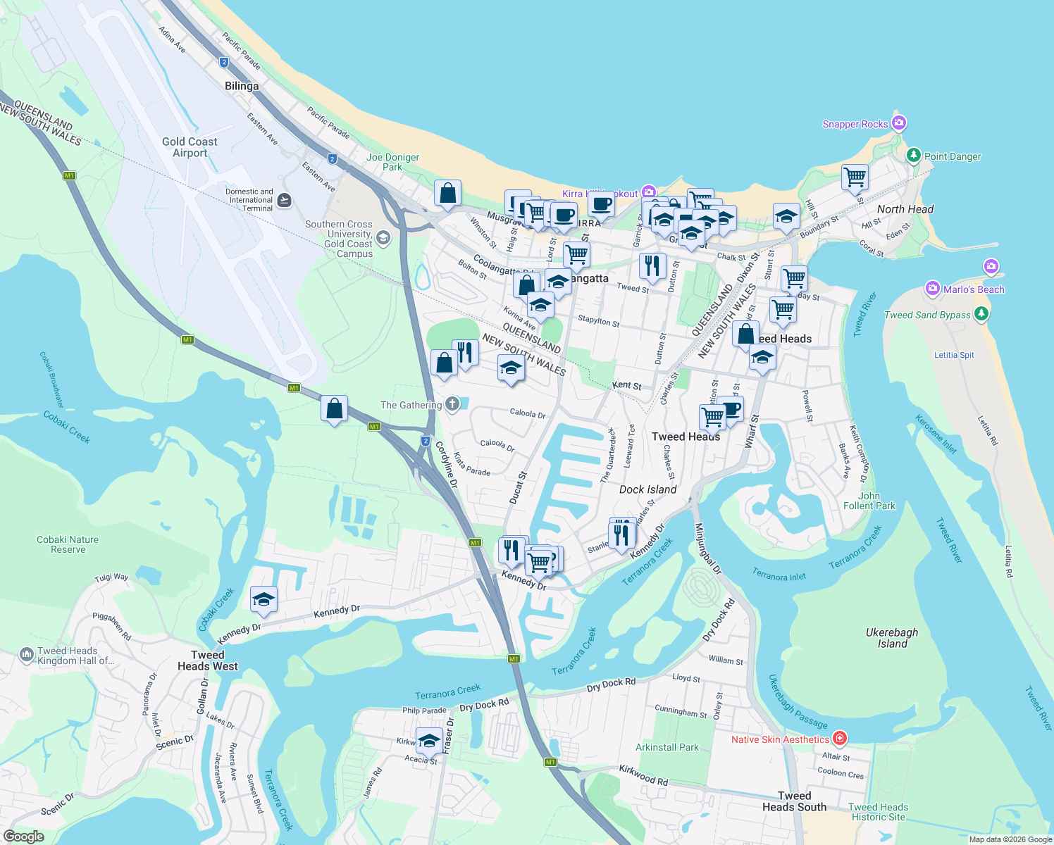map of restaurants, bars, coffee shops, grocery stores, and more near 5 Bambaroo Crescent in Tweed Heads