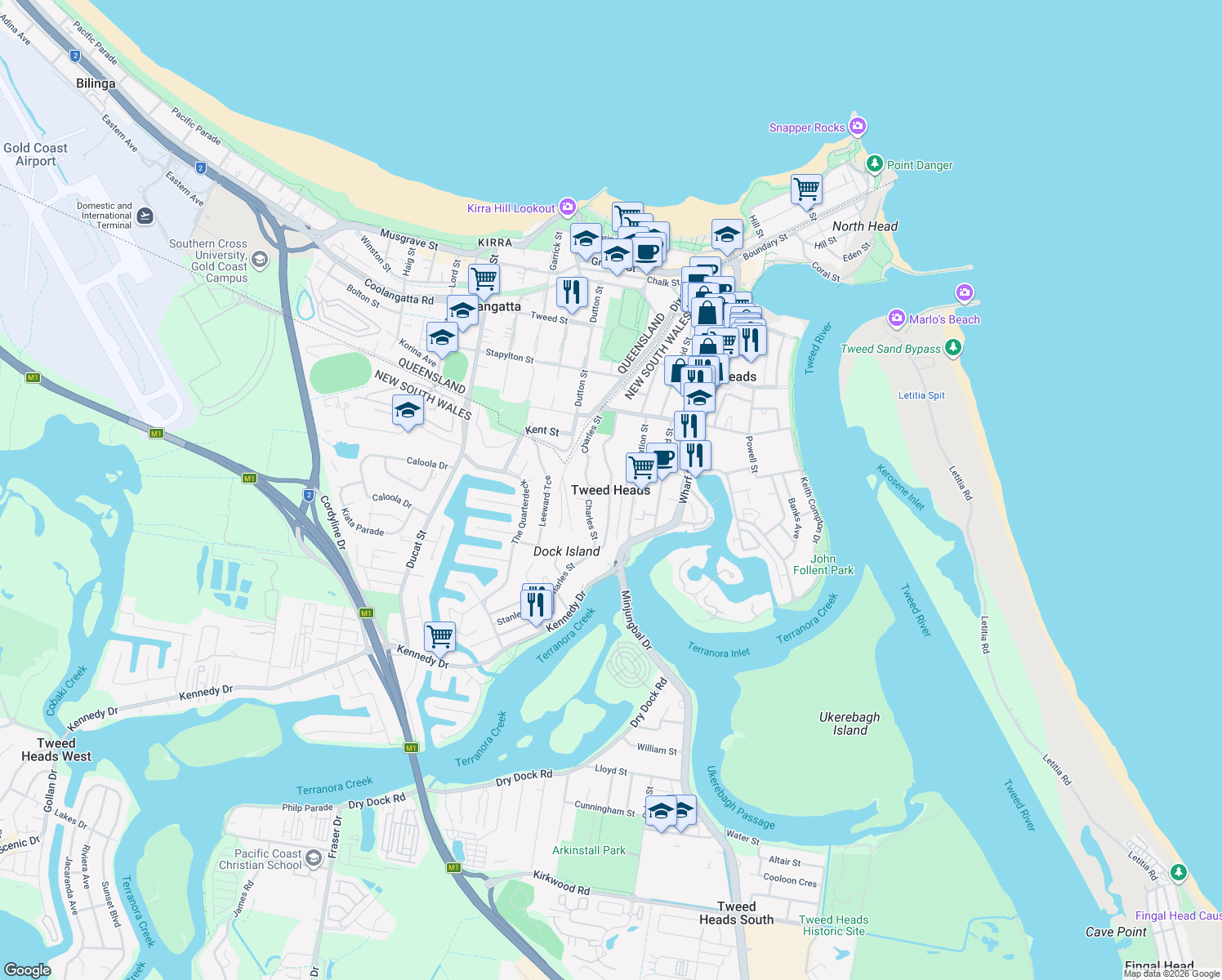 map of restaurants, bars, coffee shops, grocery stores, and more near in Tweed Shire Council
