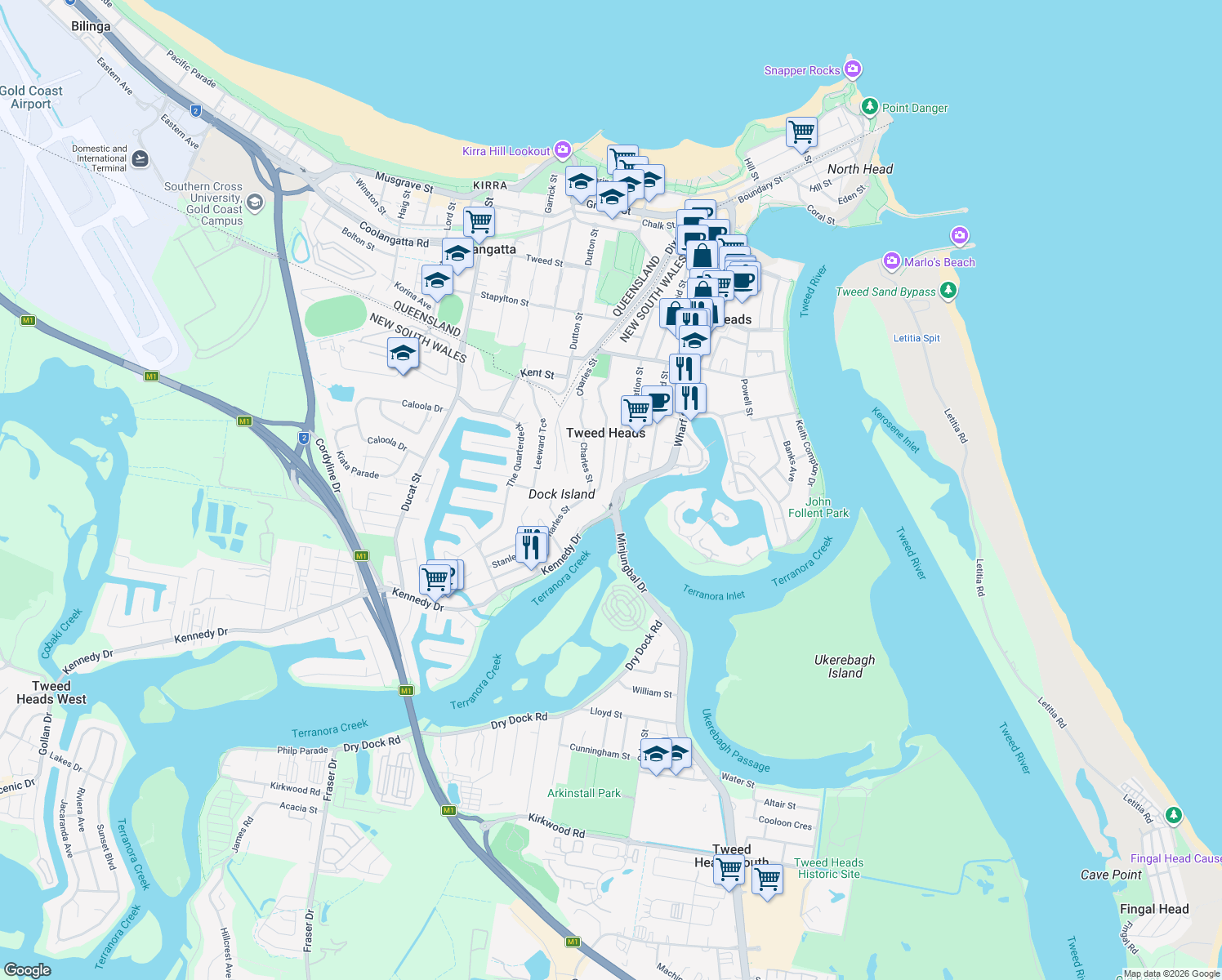 map of restaurants, bars, coffee shops, grocery stores, and more near 5 First Avenue in Tweed Heads