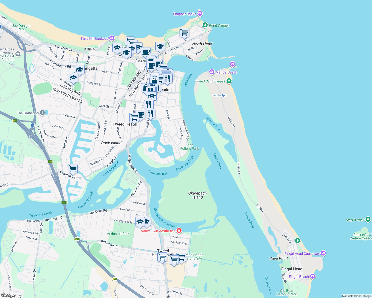 map of restaurants, bars, coffee shops, grocery stores, and more near 52 Keith Compton Drive in Tweed Heads