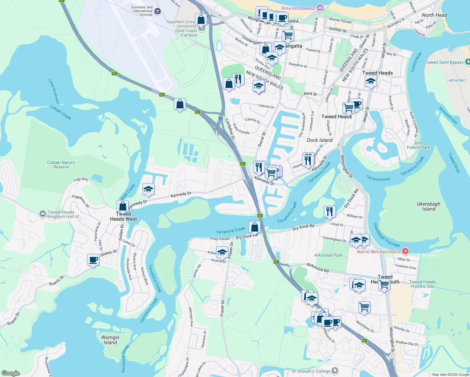 map of restaurants, bars, coffee shops, grocery stores, and more near 3 Barrett Street in Tweed Heads West