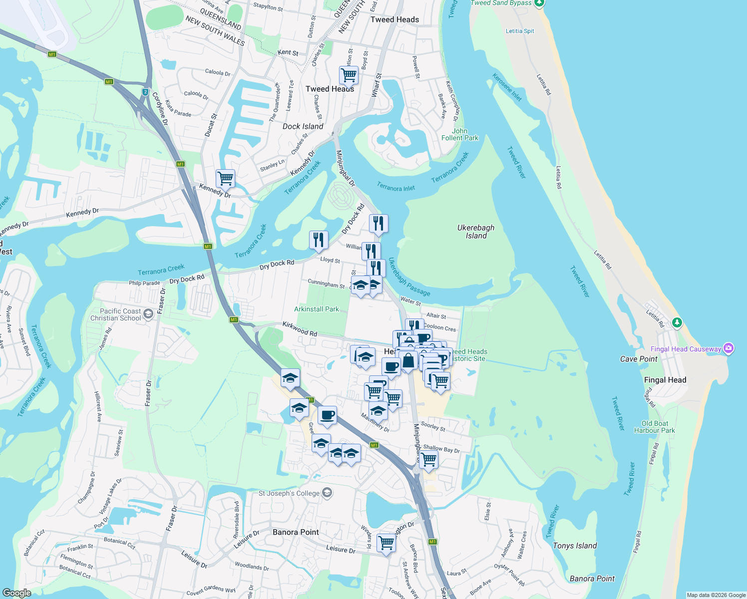 map of restaurants, bars, coffee shops, grocery stores, and more near Heffron Street in Tweed Heads South