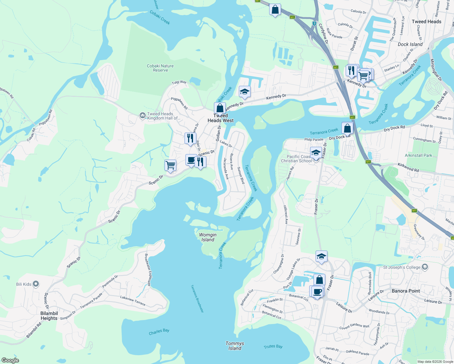 map of restaurants, bars, coffee shops, grocery stores, and more near 86 Jacaranda Avenue in Tweed Heads West