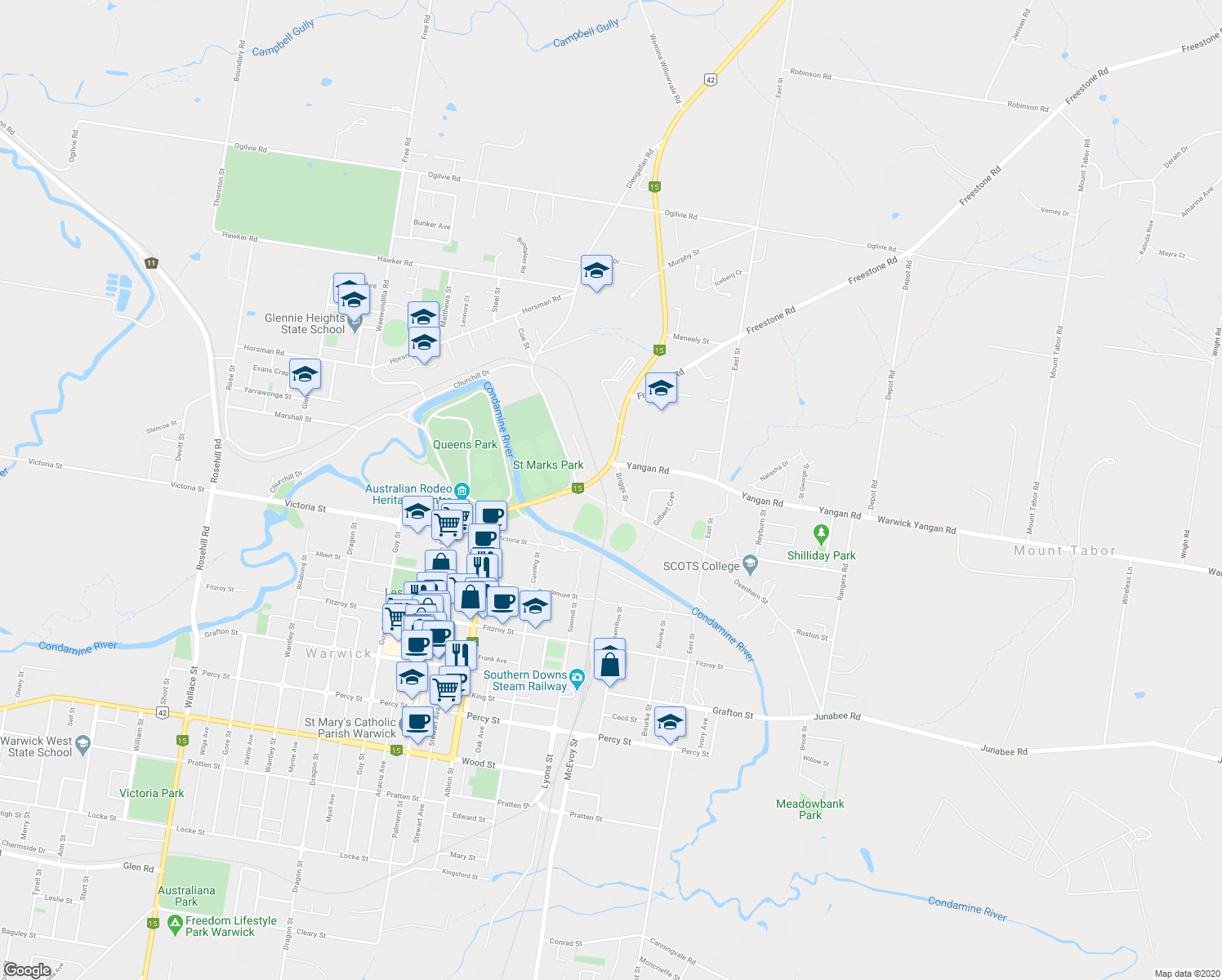 map of restaurants, bars, coffee shops, grocery stores, and more near 11-11A Briggs Street in Warwick