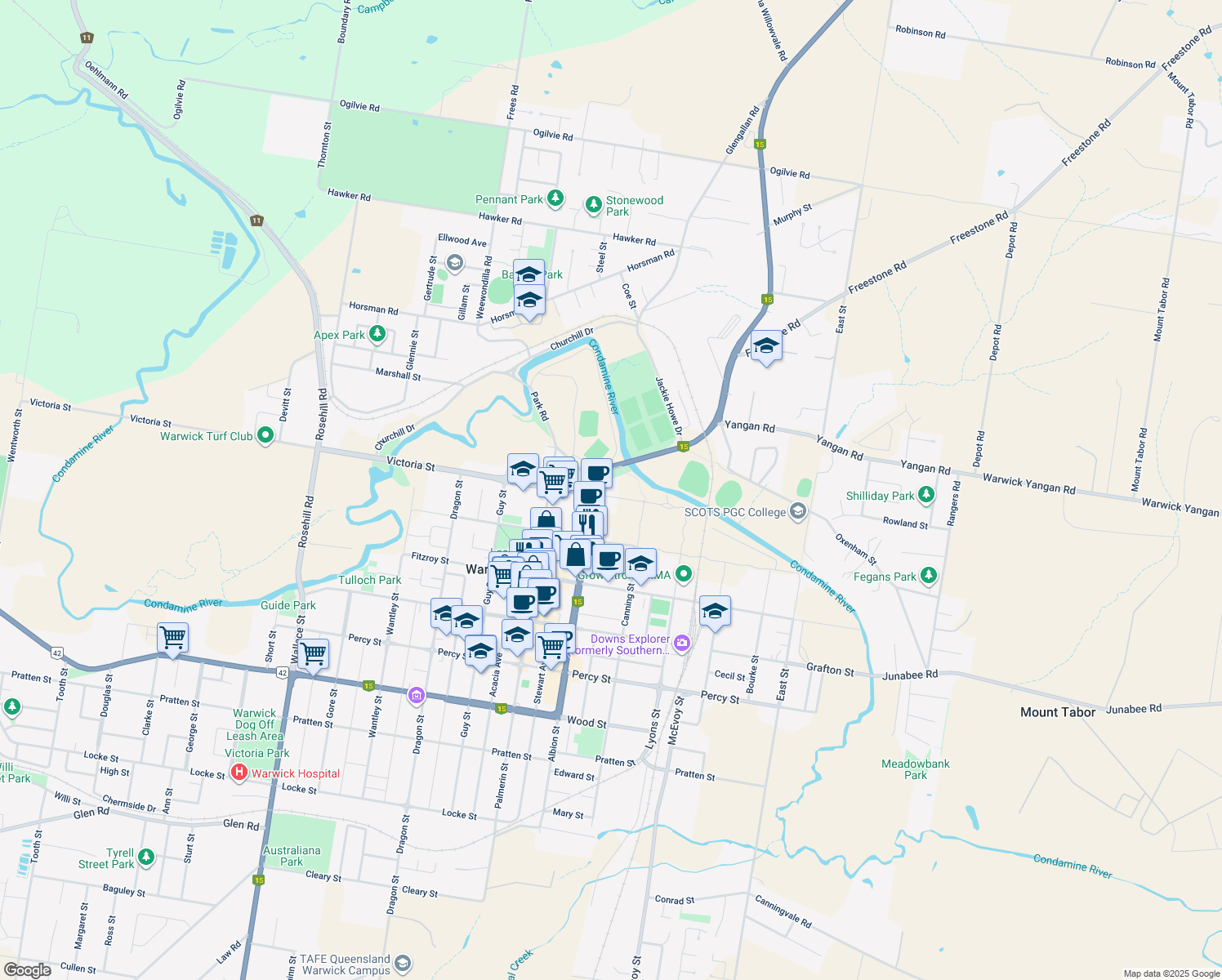map of restaurants, bars, coffee shops, grocery stores, and more near 37 Victoria Street in Warwick