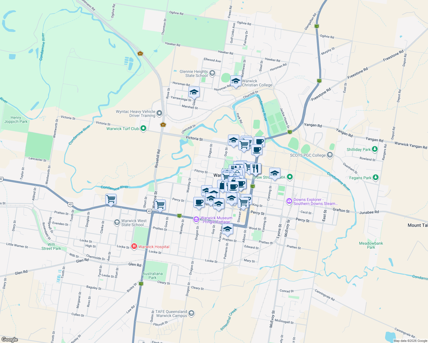 map of restaurants, bars, coffee shops, grocery stores, and more near 103 Fitzroy Street in Warwick