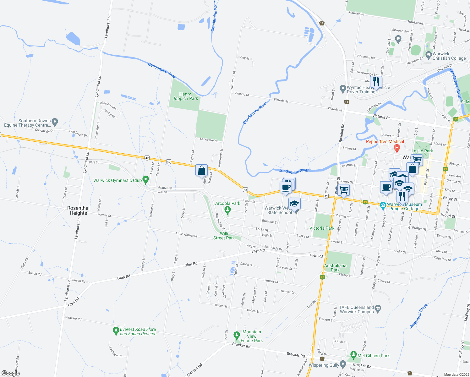 map of restaurants, bars, coffee shops, grocery stores, and more near 208 Wood Street in Warwick