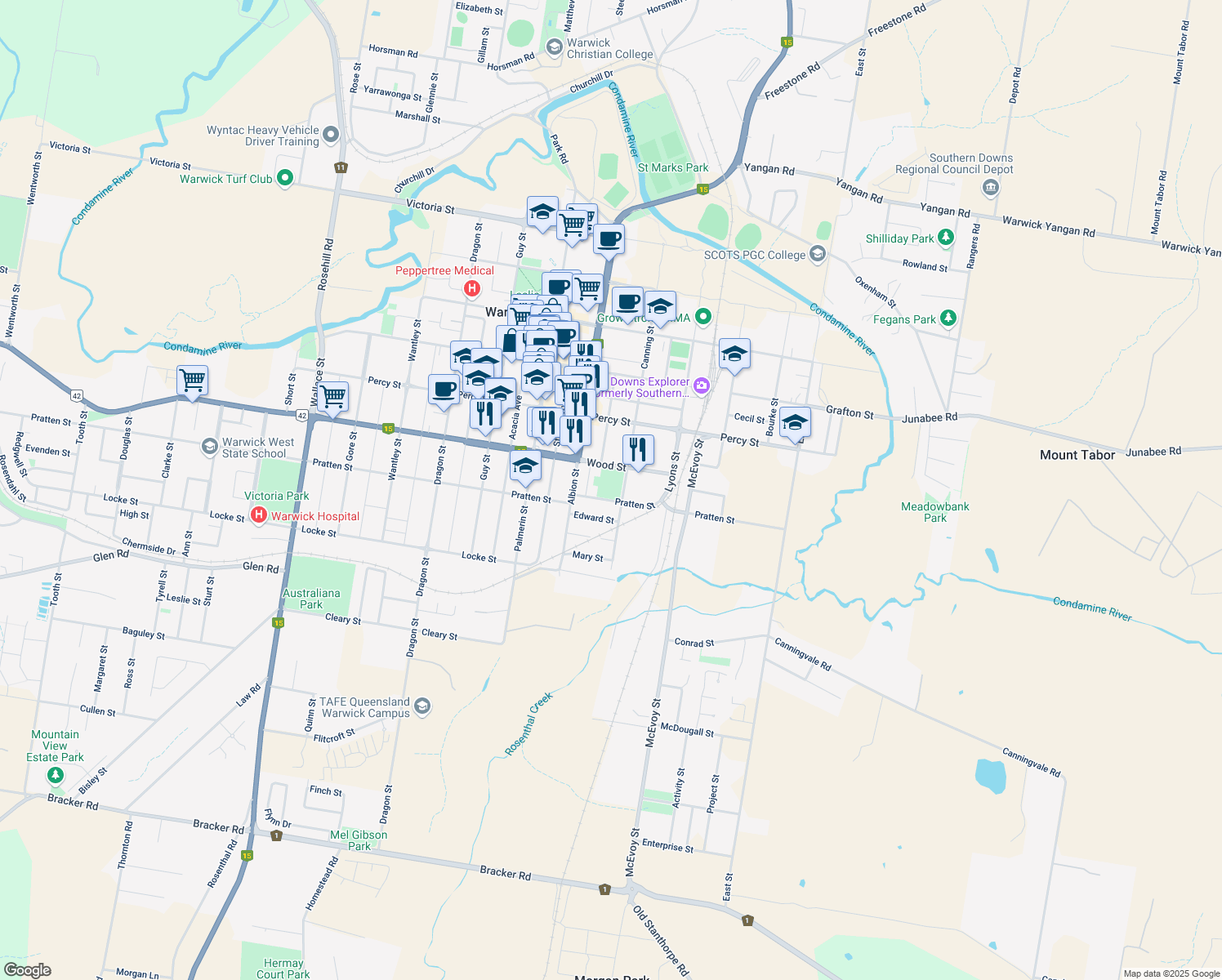 map of restaurants, bars, coffee shops, grocery stores, and more near in Warwick