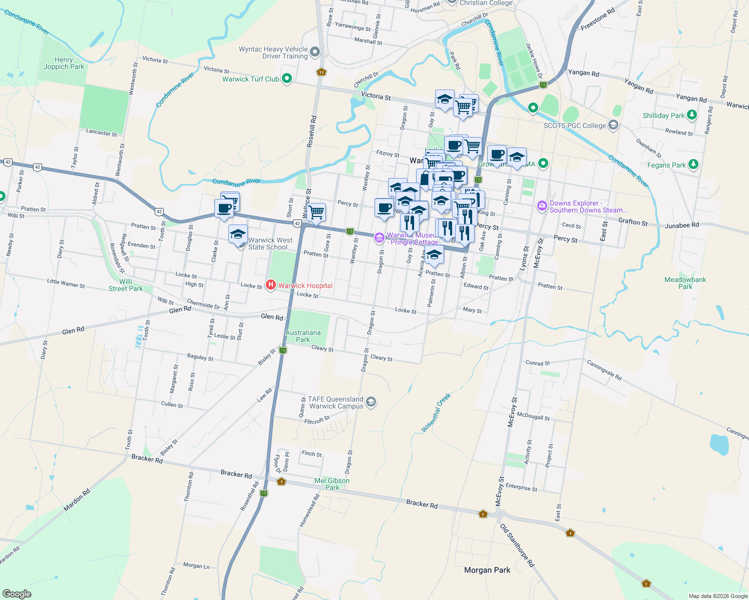 map of restaurants, bars, coffee shops, grocery stores, and more near Dragon Street in Warwick