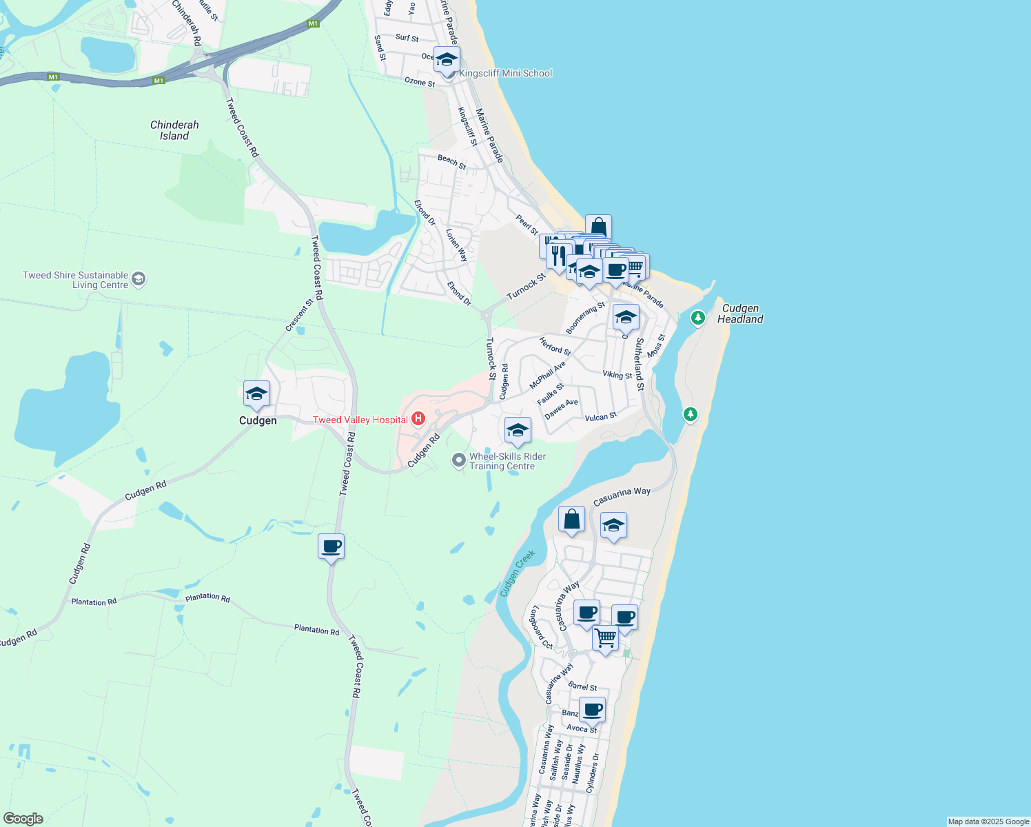 map of restaurants, bars, coffee shops, grocery stores, and more near Oxford Street in Kingscliff