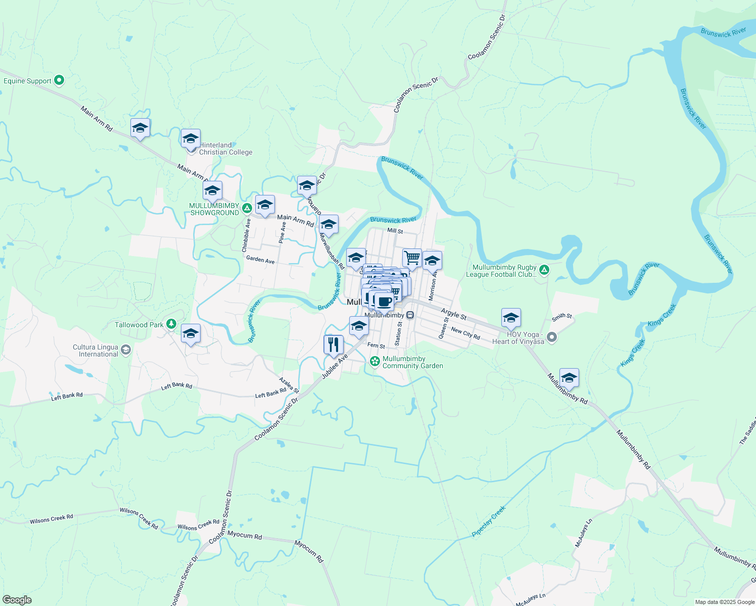 map of restaurants, bars, coffee shops, grocery stores, and more near Studal Lane in Mullumbimby