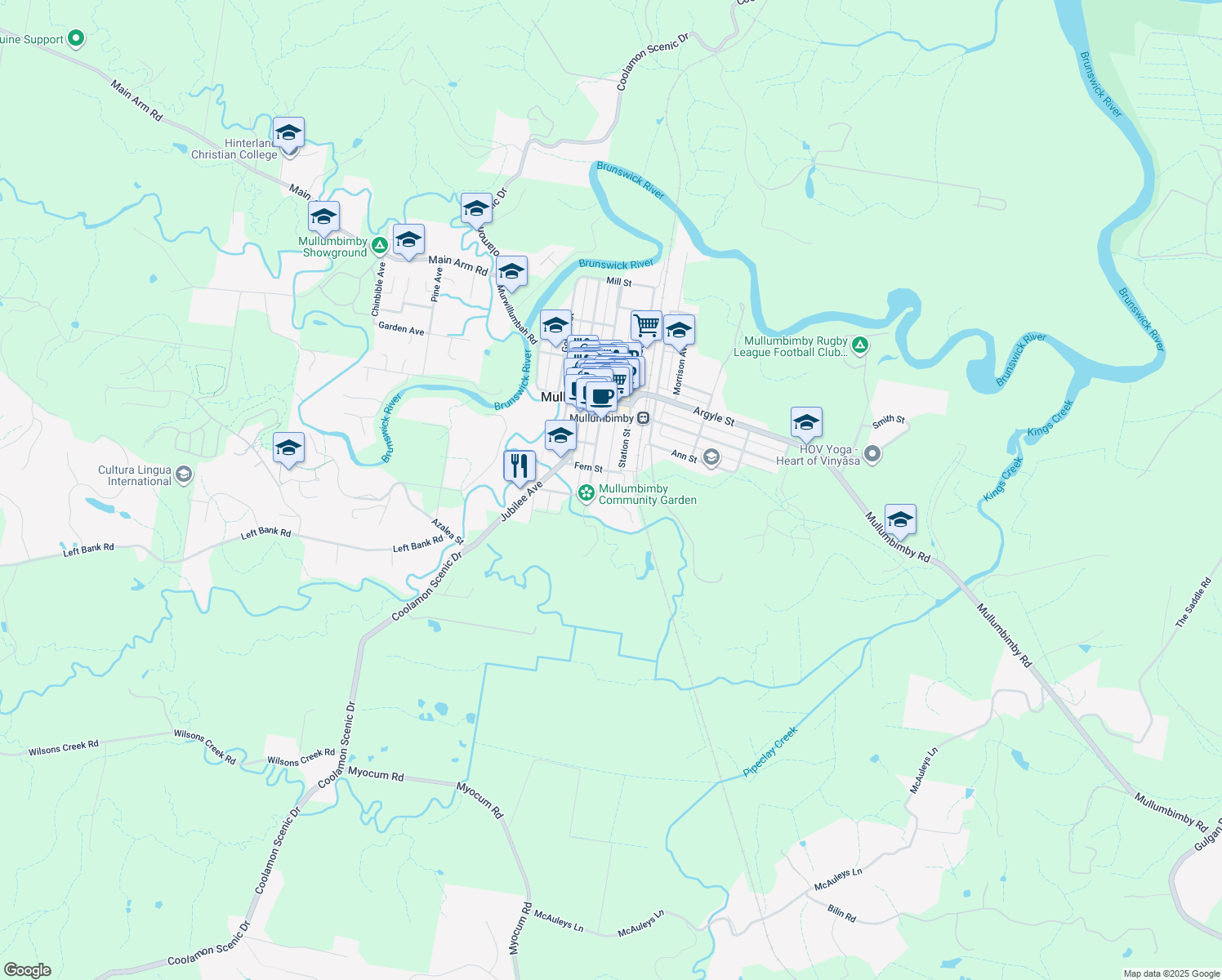 map of restaurants, bars, coffee shops, grocery stores, and more near 12 Orchid Place in Mullumbimby