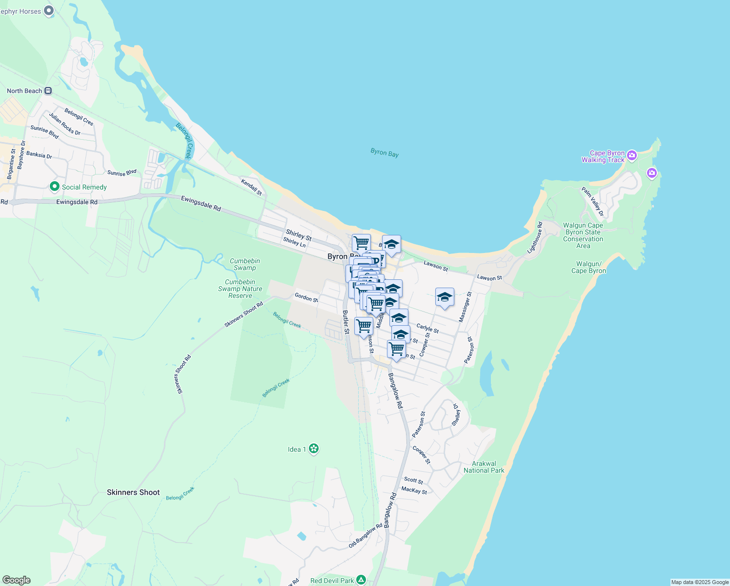 map of restaurants, bars, coffee shops, grocery stores, and more near 82 Jonson Street in Byron Bay