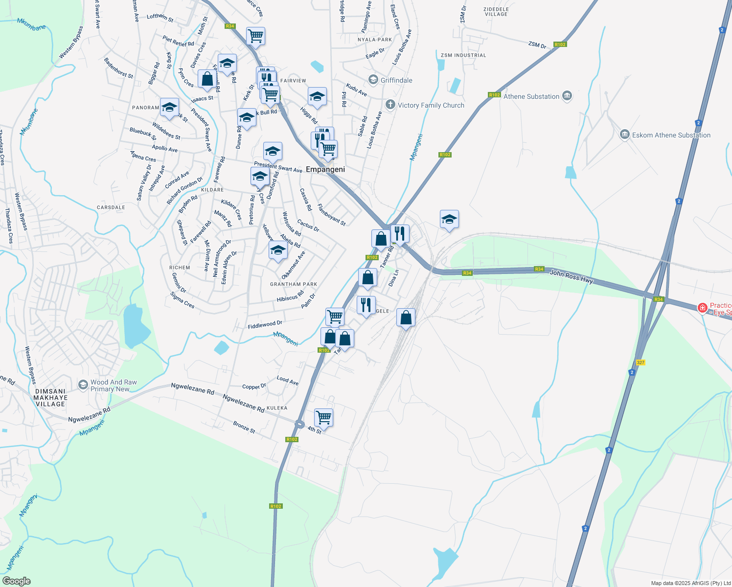 map of restaurants, bars, coffee shops, grocery stores, and more near 36 Tanner Road in Empangeni
