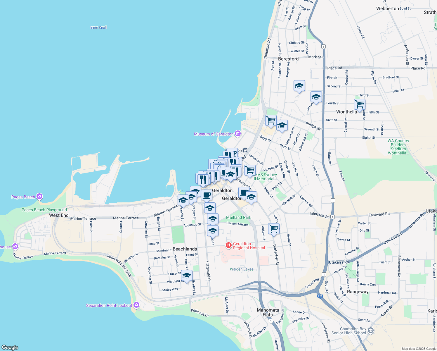 map of restaurants, bars, coffee shops, grocery stores, and more near 112 Marine Terrace in Geraldton